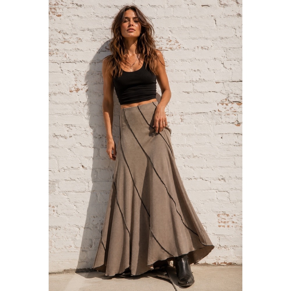 Vintage U.S. Wear Tan Black Acetate Maxi Skirt Tiered Ruffle Boho Size 14 M